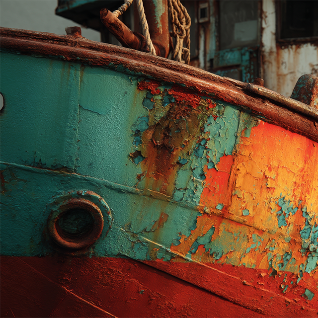 Old rusty boat with paint peeling off